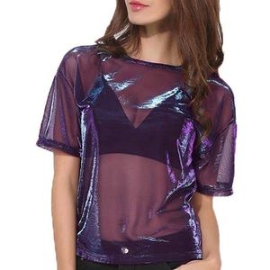 Women Holographic Mesh See Through Metallic Top Tee Short Sleeves T-Shirt